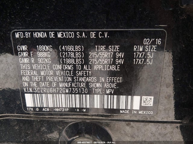 Honda Hr-v Ex-l 2016 3CZRU6H72GM735130 Image 9