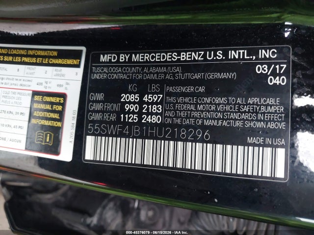 45376079 :رقم المزاد ، 55SWF4JB1HU218296 vin ، 2017 Mercedes-benz C 300 مزاد بيع