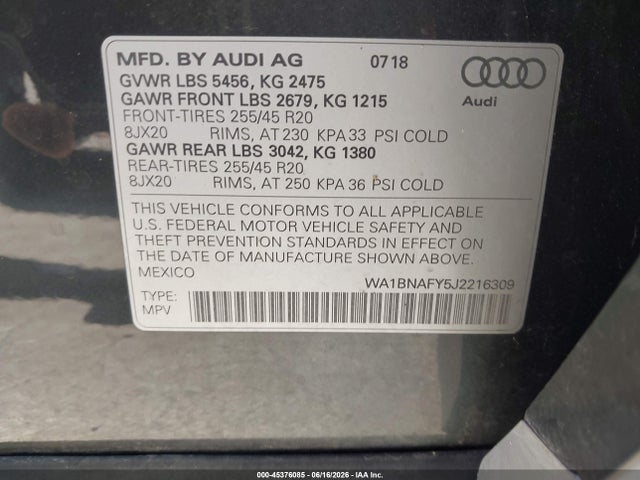2018 Audi Q5 2.0t Premium/2.0t Tech Premium მანქანა იყიდება აუქციონზე, vin: WA1BNAFY5J2216309, აუქციონის ნომერი: 45376085