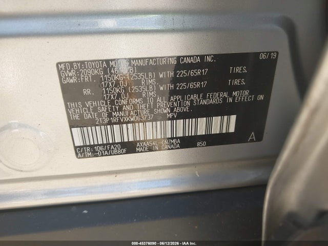 Продаж на аукціоні авто 2019 Toyota Rav4 Xle, vin: 2T3P1RFVXKW063737, номер лоту: 45376090