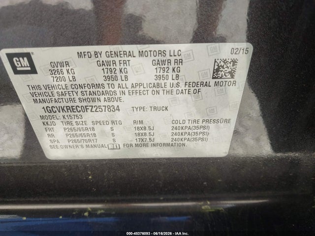 Продаж на аукціоні авто 2015 Chevrolet Silverado 1500 Lt, vin: 1GCVKREC0FZ257834, номер лоту: 45376093