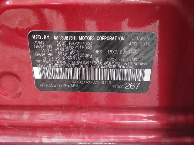 45376103 :رقم المزاد ، JA4JZ4AX7JZ059146 vin ، 2018 Mitsubishi Outlander Gt مزاد بيع