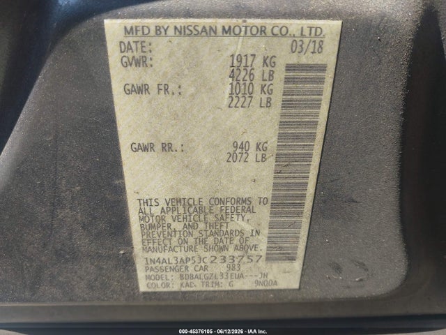 2018 Nissan Altima 2.5 S მანქანა იყიდება აუქციონზე, vin: 1N4AL3AP5JC233757, აუქციონის ნომერი: 45376105