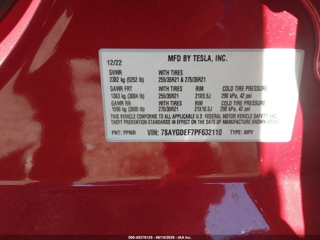 Продаж на аукціоні авто 2023 Tesla Model Y Performance Dual Motor All-wheel Drive, vin: 7SAYGDEF7PF632110, номер лоту: 45376125