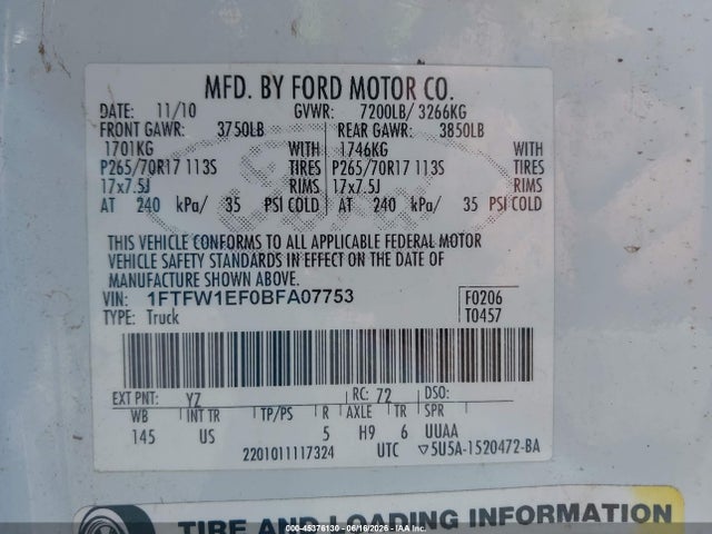 45376130 :رقم المزاد ، 1FTFW1EF0BFA07753 vin ، 2011 Ford F-150 Xlt مزاد بيع