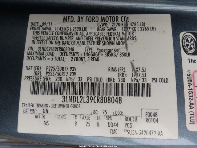 Продажа на аукционе авто 2012 Lincoln Mkz Hybrid, vin: 3LNDL2L39CR808048, номер лота: 45376131