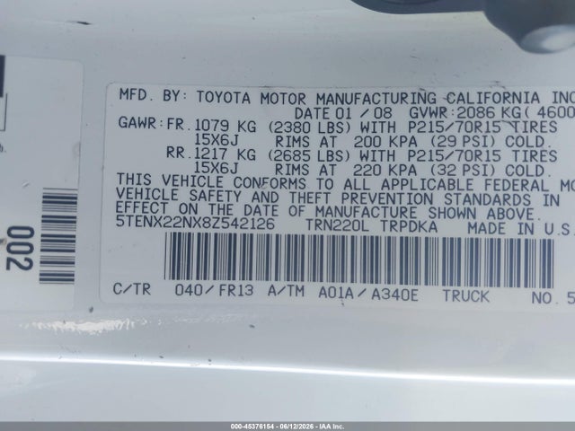 45376154 :رقم المزاد ، 5TENX22NX8Z542126 vin ، 2008 Toyota Tacoma مزاد بيع