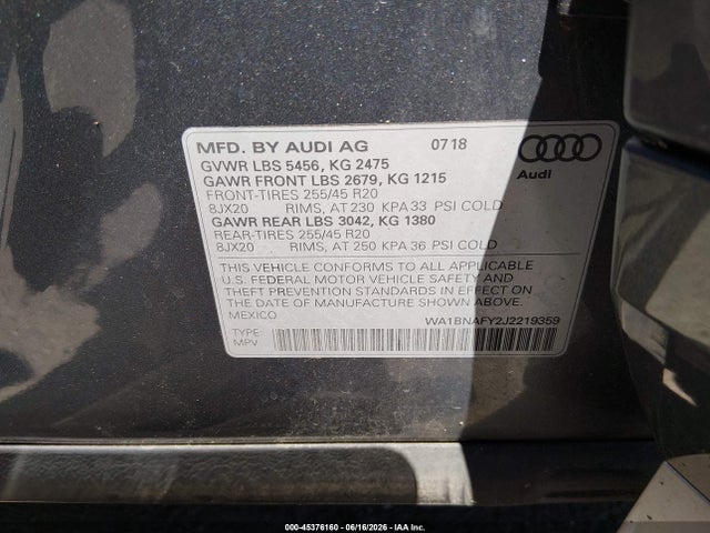 Aukcja sprzedaży 2018 Audi Q5 2.0t Premium/2.0t Tech Premium, vin: WA1BNAFY2J2219359, numer aukcji: 45376160
