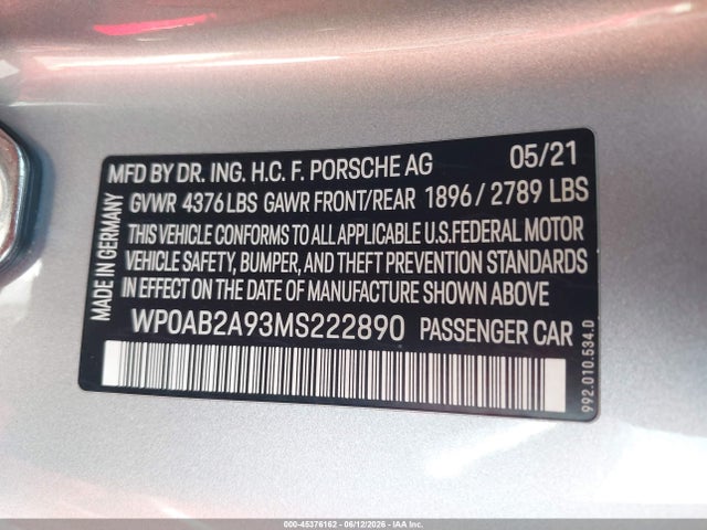 Продажа на аукционе авто 2021 Porsche 911 Carrera 4s/carrera S, vin: WP0AB2A93MS222890, номер лота: 45376162