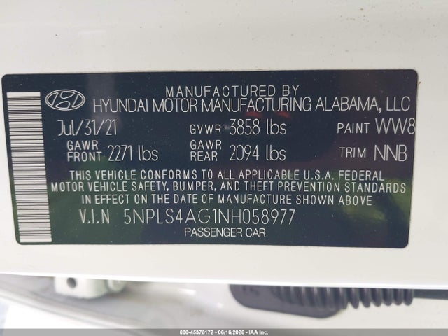 45376172 :رقم المزاد ، 5NPLS4AG1NH058977 vin ، 2022 Hyundai Elantra Sel مزاد بيع