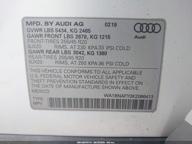 45376174 :رقم المزاد ، WA1BNAFY3K2066413 vin ، 2019 Audi Q5 45 Premium مزاد بيع