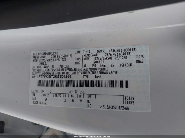 45376198 :رقم المزاد ، 1FT7W2BT2KEE01264 vin ، 2019 Ford F-250 King Ranch مزاد بيع