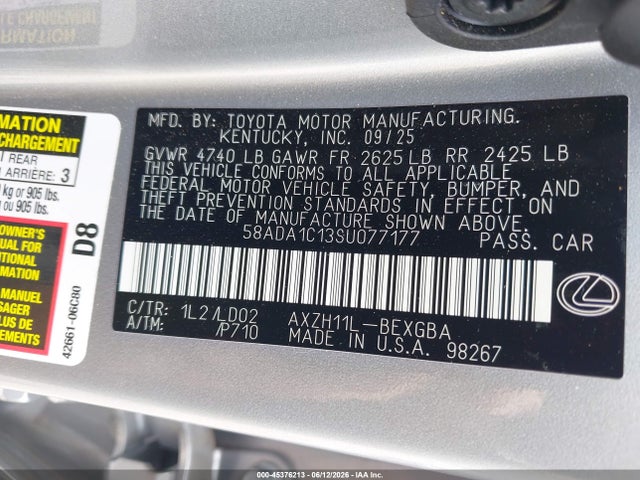 2025 Lexus Es 300h მანქანა იყიდება აუქციონზე, vin: 58ADA1C13SU077177, აუქციონის ნომერი: 45376213