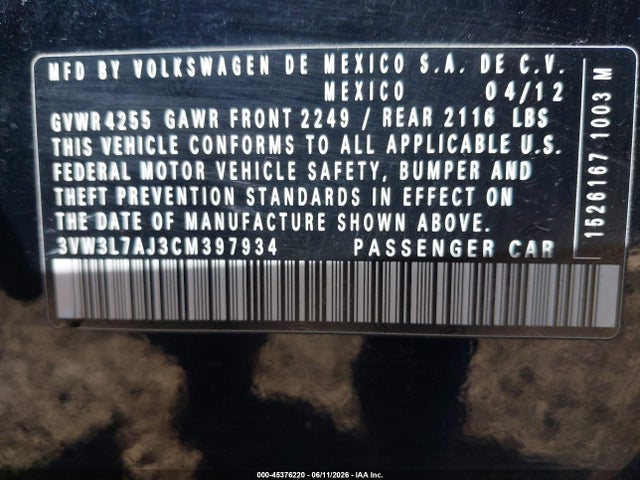 Aukcja sprzedaży 2012 Volkswagen Jetta 2.0l Tdi, vin: 3VW3L7AJ3CM397934, numer aukcji: 45376220