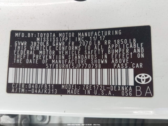 2018 Toyota Corolla Le მანქანა იყიდება აუქციონზე, vin: 5YFBURHE5JP770798, აუქციონის ნომერი: 45376268