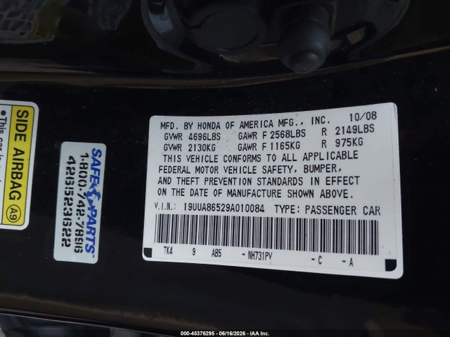 45376295 :رقم المزاد ، 19UUA86529A010084 vin ، 2009 Acura Tl 3.5 مزاد بيع