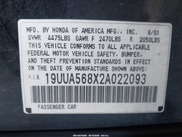 Продаж на аукціоні авто 2002 Acura Tl 3.2 Type S, vin: 19UUA568X2A022093, номер лоту: 45376298