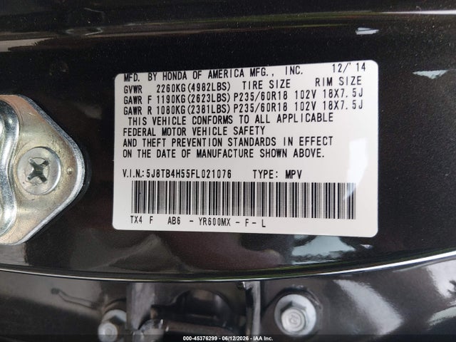 45376299 :رقم المزاد ، 5J8TB4H55FL021076 vin ، 2015 Acura Rdx مزاد بيع