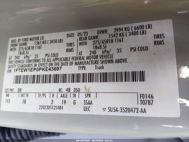 2023 Ford F-150 Xlt მანქანა იყიდება აუქციონზე, vin: 1FTEW1EP0PKE43697, აუქციონის ნომერი: 45376307