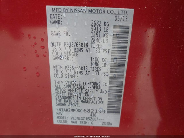 Aukcja sprzedaży 2013 Nissan Pathfinder Sl, vin: 5N1AR2MM0DC682199, numer aukcji: 45376320