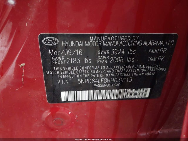 2017 Hyundai Elantra Se მანქანა იყიდება აუქციონზე, vin: 5NPD84LF8HH039113, აუქციონის ნომერი: 45376330