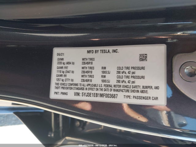 Tesla Model 3 Long Range 2021 5YJ3E1EB1MF003687 Image 9
