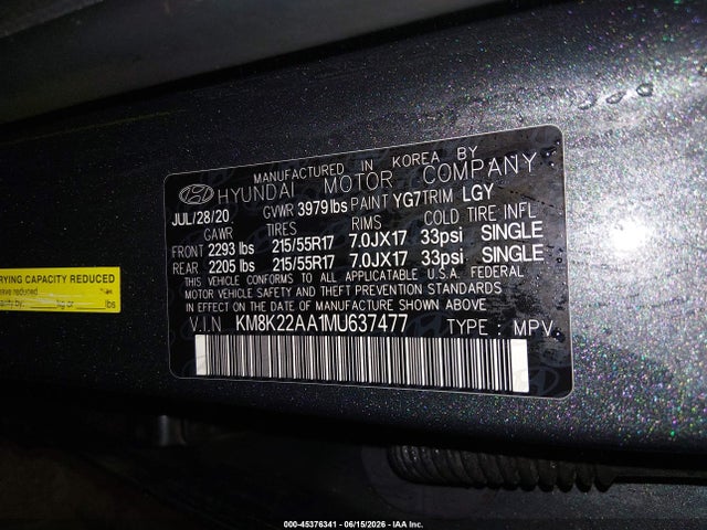45376341 :رقم المزاد ، KM8K22AA1MU637477 vin ، 2021 Hyundai Kona Sel مزاد بيع