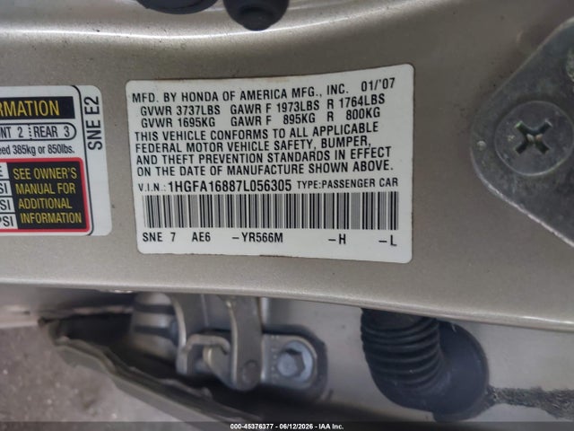 Aukcja sprzedaży 2007 Honda Civic Ex, vin: 1HGFA16887L056305, numer aukcji: 45376377