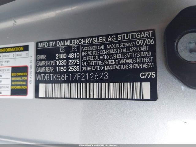 45376406 :رقم المزاد ، WDBTK56F17F212623 vin ، 2007 Mercedes-benz Clk 350 مزاد بيع