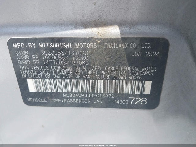 Продаж на аукціоні авто 2024 Mitsubishi Mirage Es/le, vin: ML32AUHJ9RH016872, номер лоту: 45376416