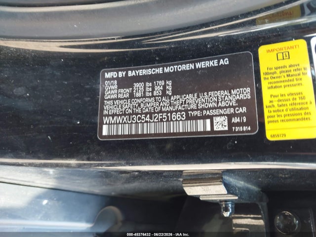 Aukcja sprzedaży 2018 Mini Hardtop Cooper S, vin: WMWXU3C54J2F51663, numer aukcji: 45376432