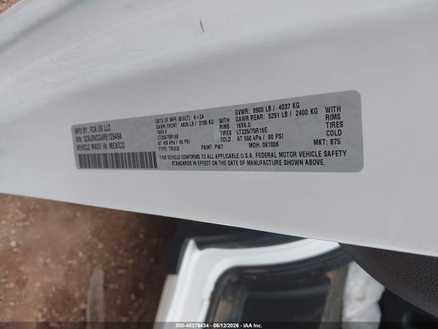 Продажа на аукционе авто 2024 Ram Promaster 2500 Tradesman High Roof 136 Wb W/pass Seat, vin: 3C6LRVCG4RE126494, номер лота: 45376434
