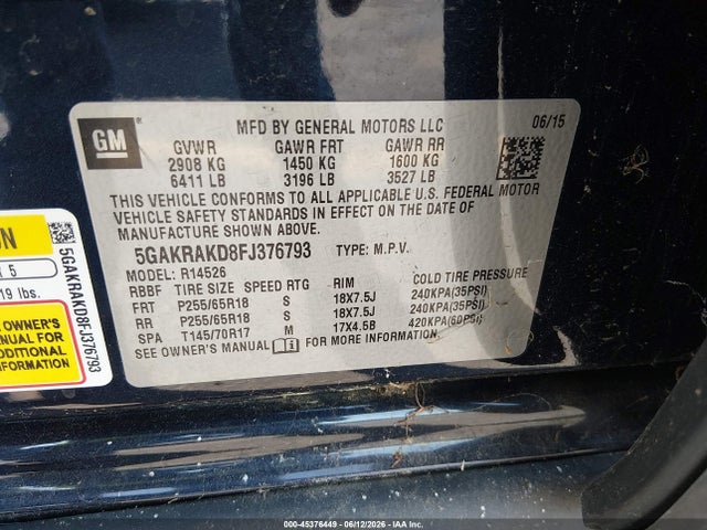 Aukcja sprzedaży 2015 Buick Enclave Convenience, vin: 5GAKRAKD8FJ376793, numer aukcji: 45376449