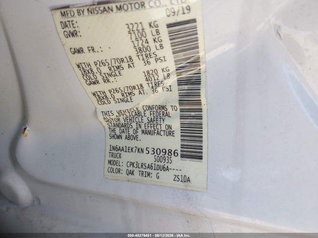Aukcja sprzedaży 2019 Nissan Titan S, vin: 1N6AA1EK7KN530986, numer aukcji: 45376451