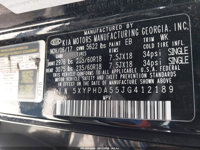 45376464 :رقم المزاد ، 5XYPHDA55JG412189 vin ، 2018 Kia Sorento 3.3l Ex مزاد بيع