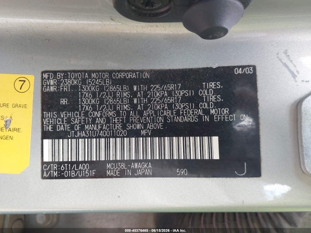 Aukcja sprzedaży 2004 Lexus Rx 330, vin: JTJHA31U740011020, numer aukcji: 45376468