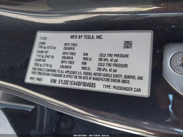 2025 Tesla Model 3 Long Range Rear-wheel Drive/standard Rear-wheel Drive მანქანა იყიდება აუქციონზე, vin: 5YJ3E1EA4SF904685, აუქციონის ნომერი: 45376481