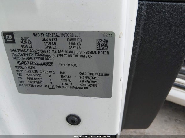 Aukcja sprzedaży 2011 Gmc Acadia Denali, vin: 1GKKVTED8BJ343020, numer aukcji: 45376482