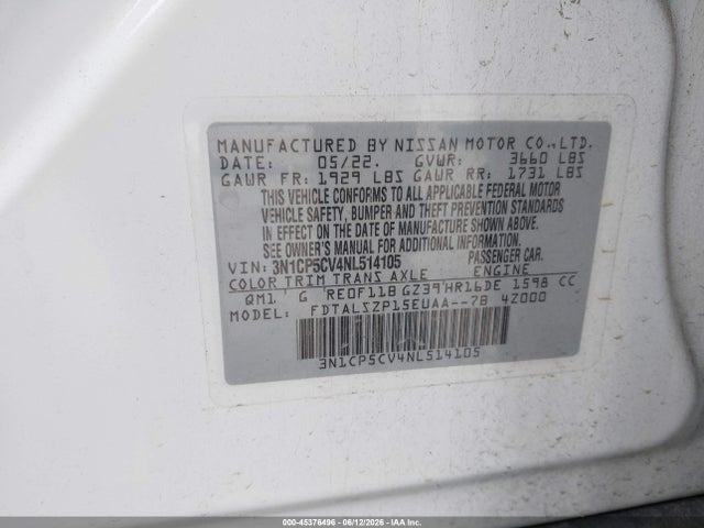 Aukcja sprzedaży 2022 Nissan Kicks Sv Xtronic Cvt, vin: 3N1CP5CV4NL514105, numer aukcji: 45376496
