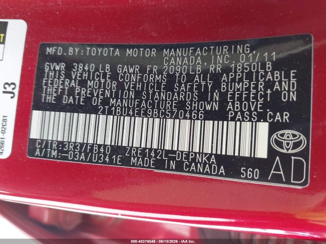 Продажа на аукционе авто 2011 Toyota Corolla Le, vin: 2T1BU4EE9BC570466, номер лота: 45376546