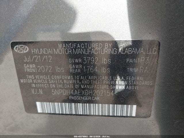 Aukcja sprzedaży 2013 Hyundai Elantra Gls, vin: 5NPDH4AEXDH202154, numer aukcji: 45376563