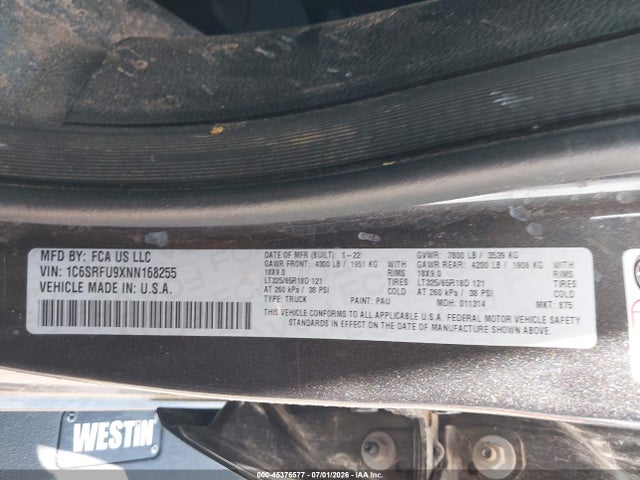 45376577 :رقم المزاد ، 1C6SRFU9XNN168255 vin ، 2022 Ram 1500 Trx  4x4 5'7 Box مزاد بيع