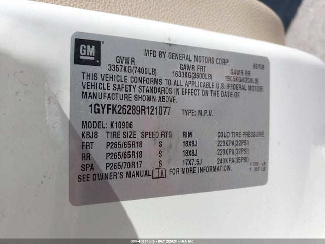 Aukcja sprzedaży 2009 Cadillac Escalade Esv Standard, vin: 1GYFK26289R121077, numer aukcji: 45376596