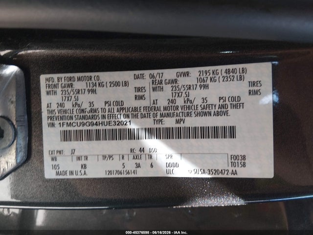 Aukcja sprzedaży 2017 Ford Escape Se, vin: 1FMCU9G94HUE32021, numer aukcji: 45376598