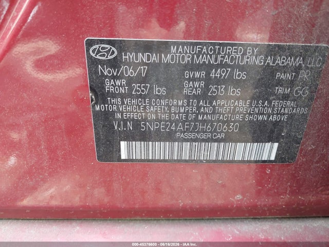 Aukcja sprzedaży 2018 Hyundai Sonata Se, vin: 5NPE24AF7JH670630, numer aukcji: 45376600