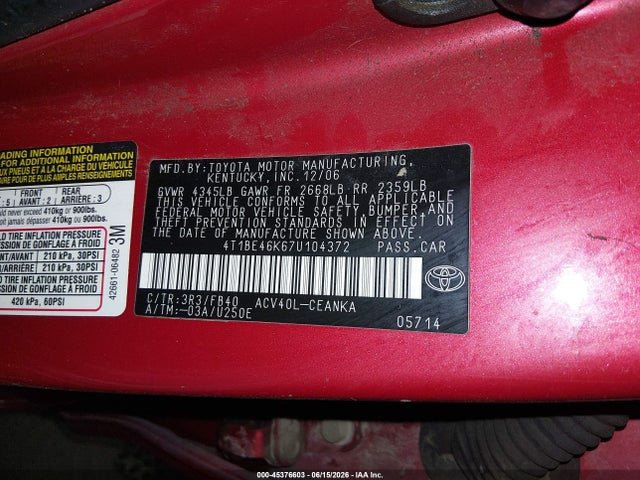 Aukcja sprzedaży 2007 Toyota Camry Le, vin: 4T1BE46K67U104372, numer aukcji: 45376603