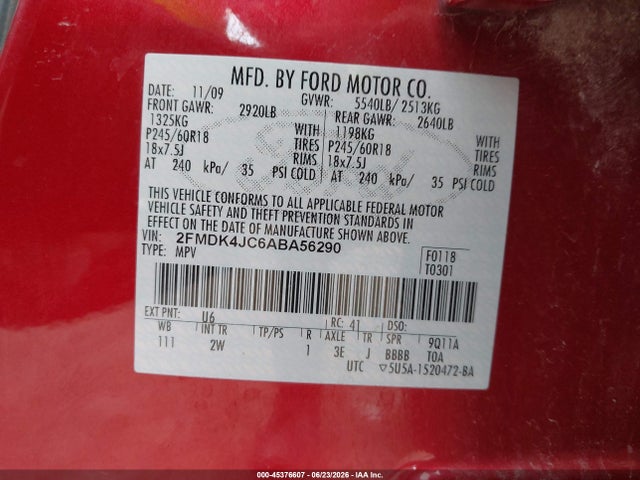 2010 Ford Edge Sel მანქანა იყიდება აუქციონზე, vin: 2FMDK4JC6ABA56290, აუქციონის ნომერი: 45376607