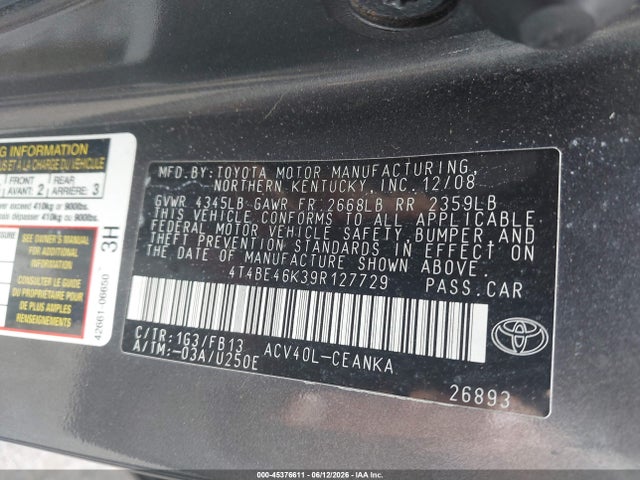 Aukcja sprzedaży 2009 Toyota Camry Le, vin: 4T4BE46K39R127729, numer aukcji: 45376611
