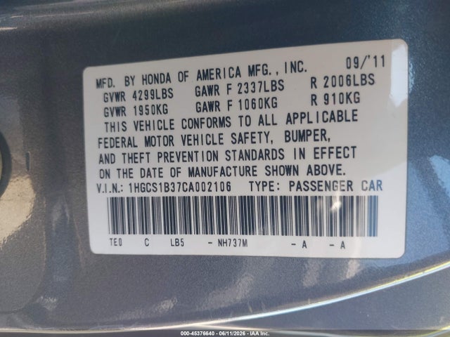 2012 Honda Accord 2.4 Lx-s მანქანა იყიდება აუქციონზე, vin: 1HGCS1B37CA002106, აუქციონის ნომერი: 45376640