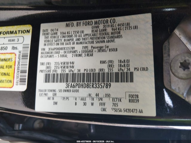 Aukcja sprzedaży 2014 Ford Fusion Se, vin: 3FA6P0HD8ER335789, numer aukcji: 45376656